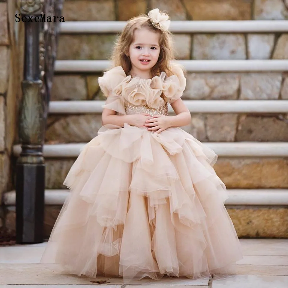 

Customized Puffy Champagne Tulle Girl Dresses for Wedding Ruffles Girls Birthday Party Dress Communion Pageant Gown