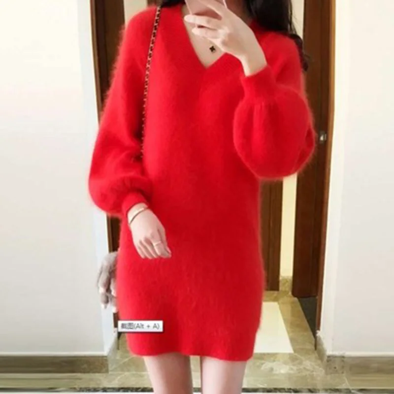 

Women Long Sweater V Neck Full Sleeve Solid Color Thick Knitwear Loose Soft Warm Female Jumper