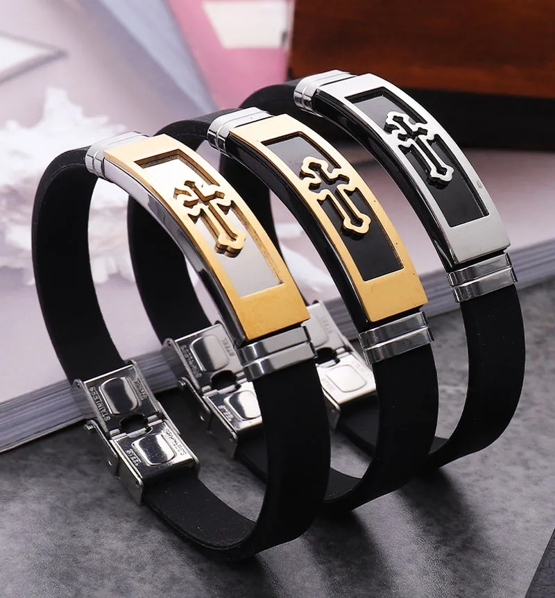 

European and American popular leather bracelet new electroplating cutting men's jewelry stainless steel silicone br