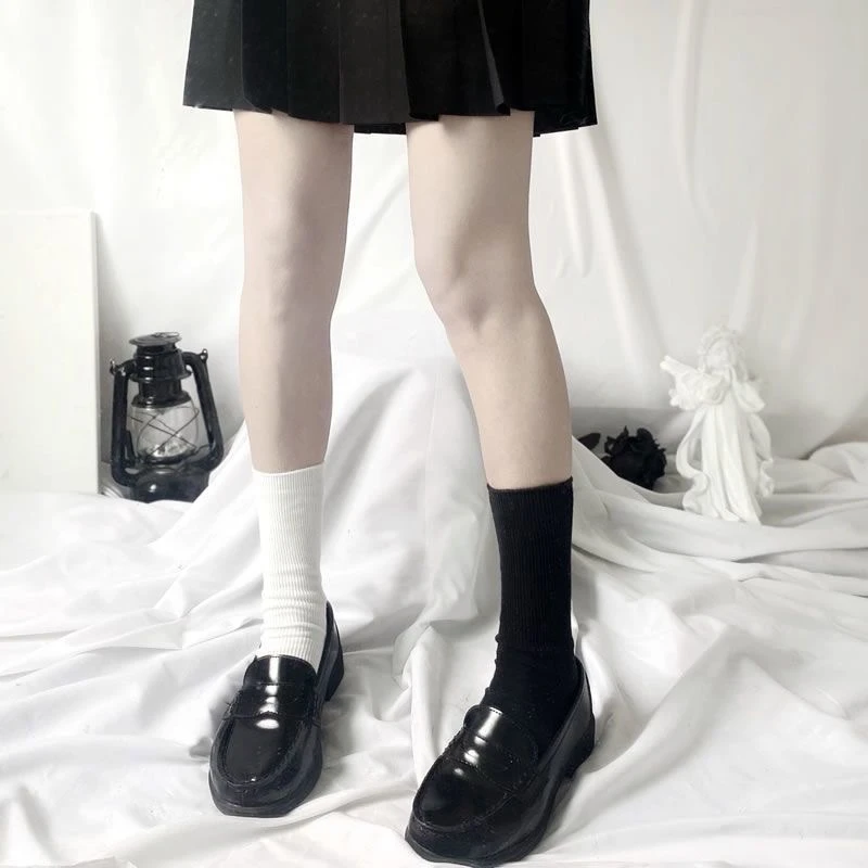 CHAOZHU Black White Jk Uniform School Girls Lolita Cosplay Accessories Socks Girls Cotton Knitting Lace Top Loose Rib Sockken