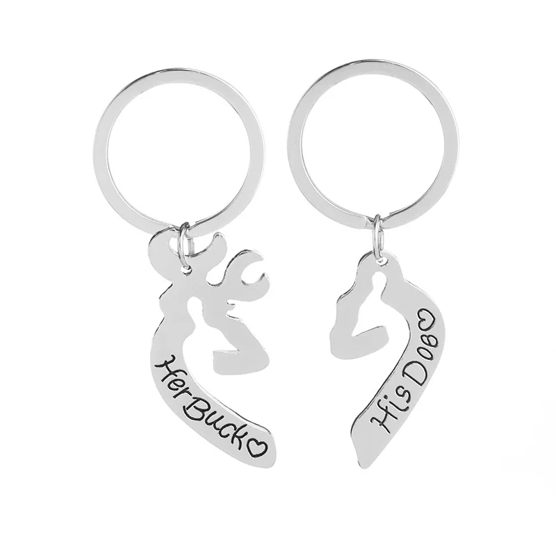 

1 Pair Her Back His Dob Hand Carved Deer Pendant Key Rings Keychains for Couple Gifts