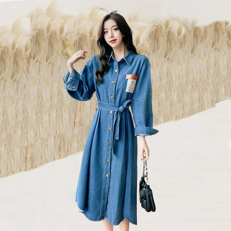 

Autumn and Winter New Internet Celebrity Retro Hong Kong Style Denim Dress Women's Temperament Youthful-Looking Belly Covering