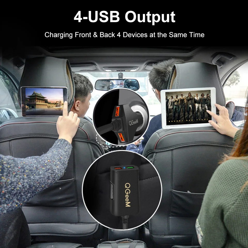 QGEEM 4 USB Автомобильное зарядное устройство для iPhone Quick Charge 3,0 Автомобильное портативное зарядное устройство молоток Передняя Задняя QC3.0 Быстрая зарядка для телефона автомобильное зарядное устройство