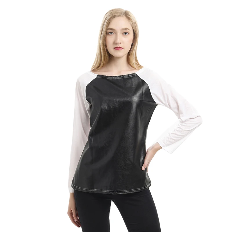 Женские футболки женские Лоскутные Топы из искусственной кожи с длинным рукавом