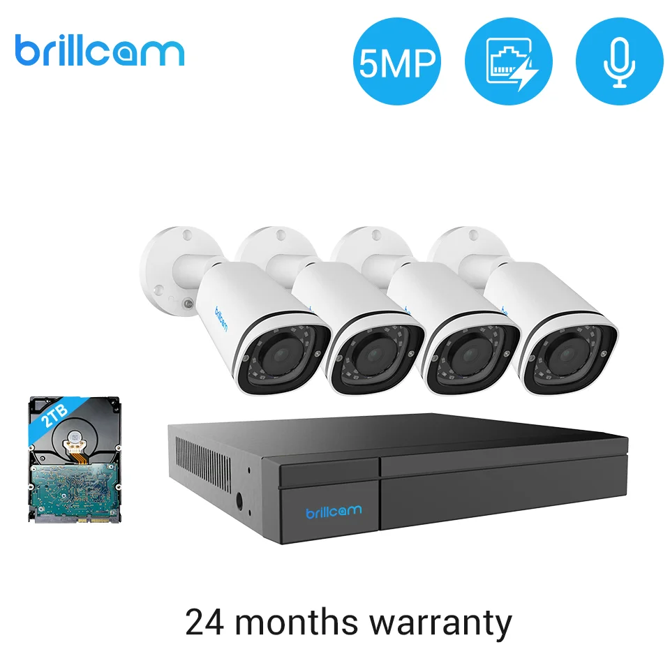 Система видеонаблюдения Brillcam H.265 8 каналов 5 Мп 4 POE IP-камеры МП наружная