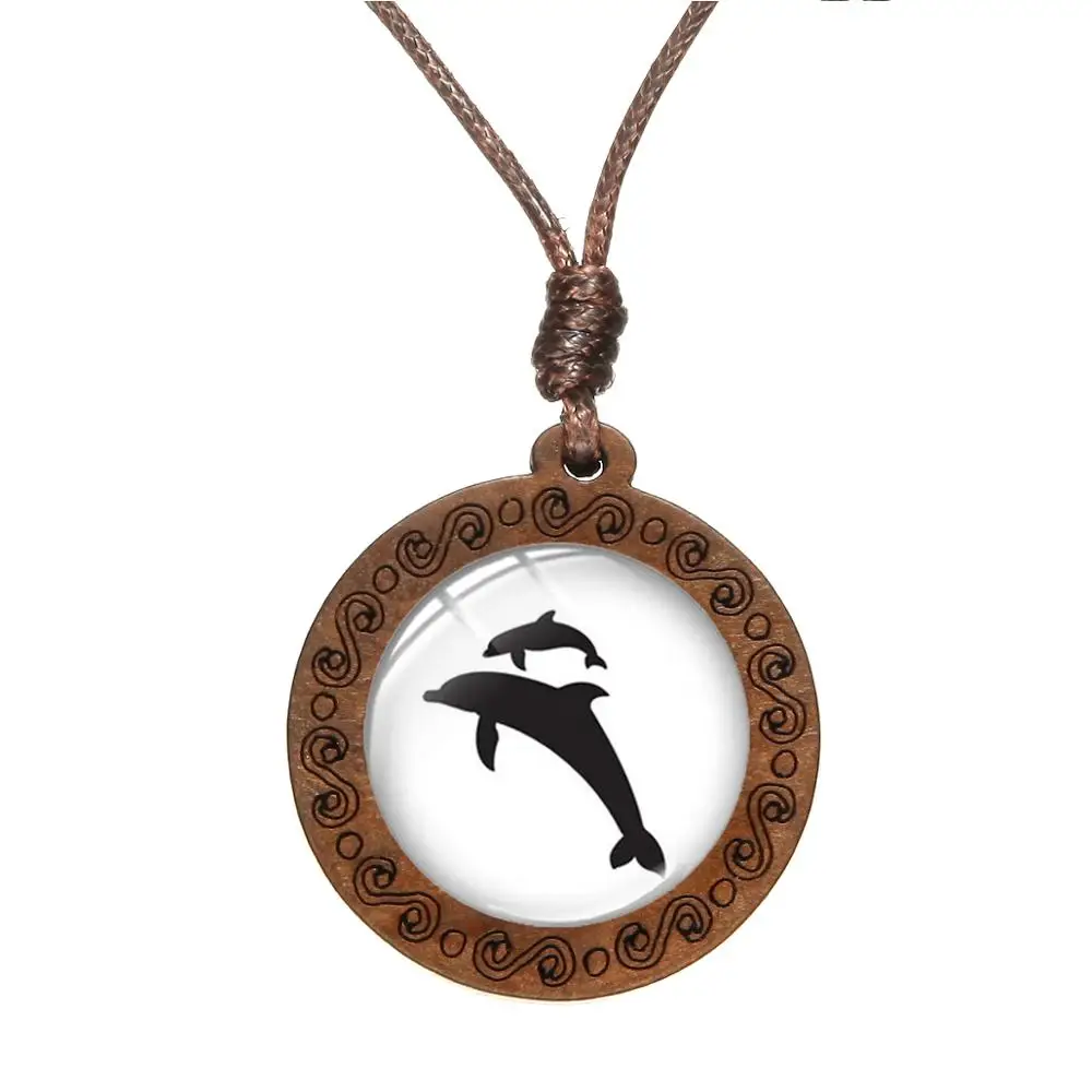 Simple Modern Sea Horse Dolphin Comic Style Necklace Hand Craft Glass Photo Dome Wooden Pendant Choker Xmas Gift for Kids | Украшения и