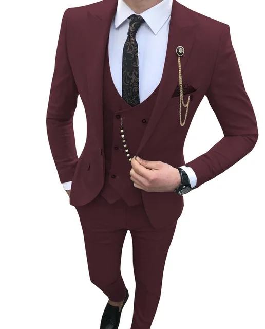 burgundy Мужской костюм, приталенный, 3 предмета, королевский синий, Повседневный, выпускной, смокинг, жених, остроконечный, с отворотом, Деловой, для свадьбы, костюмы для мужчин(Блейзер+ жилет+ брюки - Цвет: burgundy