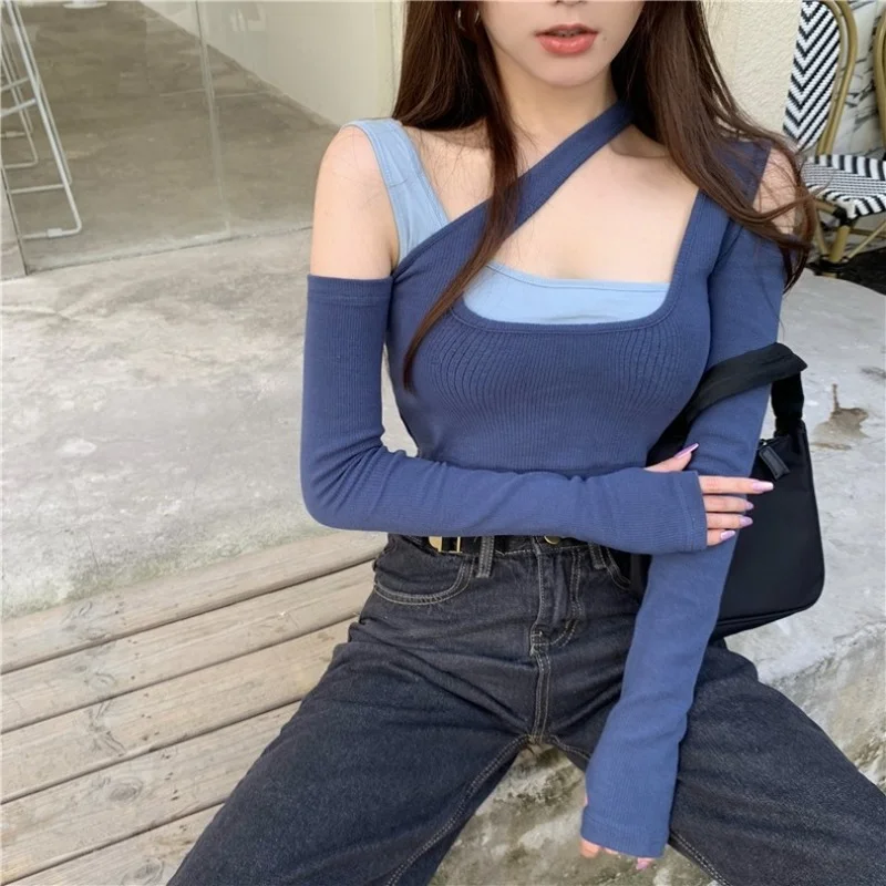 Футболка женская с длинным рукавом пикантный кроп-топ в стиле пэчворк модная