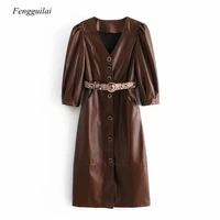 women 2021 chic fashion with belt faux leather button up dress vintage side pockets female dresses mujer