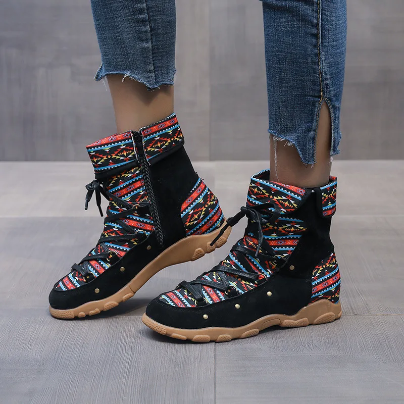 

Women Boots Camouflage Retro Rubber Boots Fashion Rivet Lace Up Platform Shoes Men Short Tube Martin Boots Bottine Femme