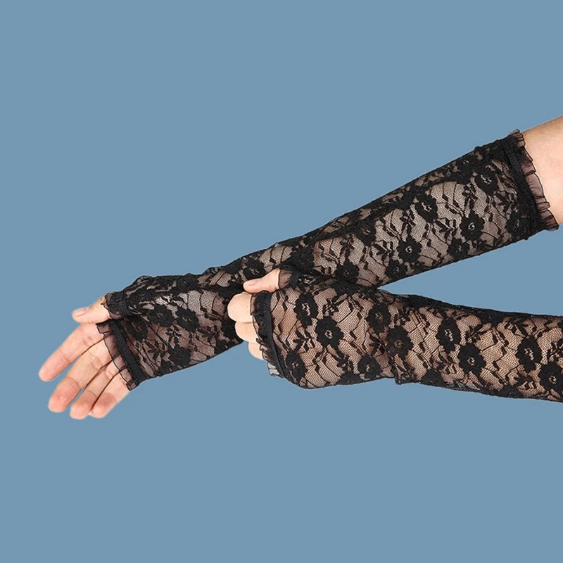 

Women Summer Sun Protection Mesh Long Gloves Sexy Floral Lace Ruffles Wedding Driving Fingerless Sleeves Arm Warmers