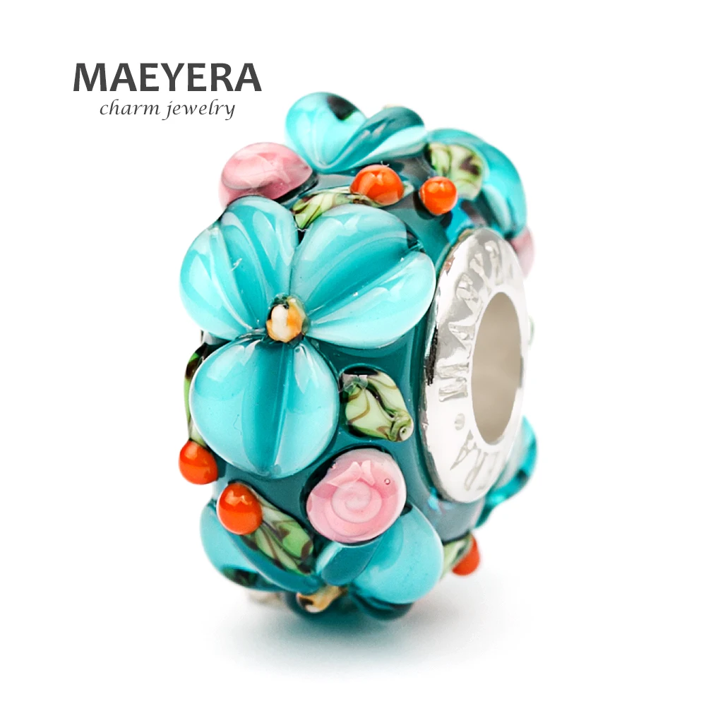 

MAEYERA Authentic S925 Lampwork Malachite Green Stereo Petals Murano Glass Beads Fit European Charm Jewelry 920371