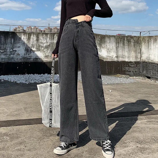 Новая мода Высокая талия женские джинсы бойфренд широкие брюки серые уличная