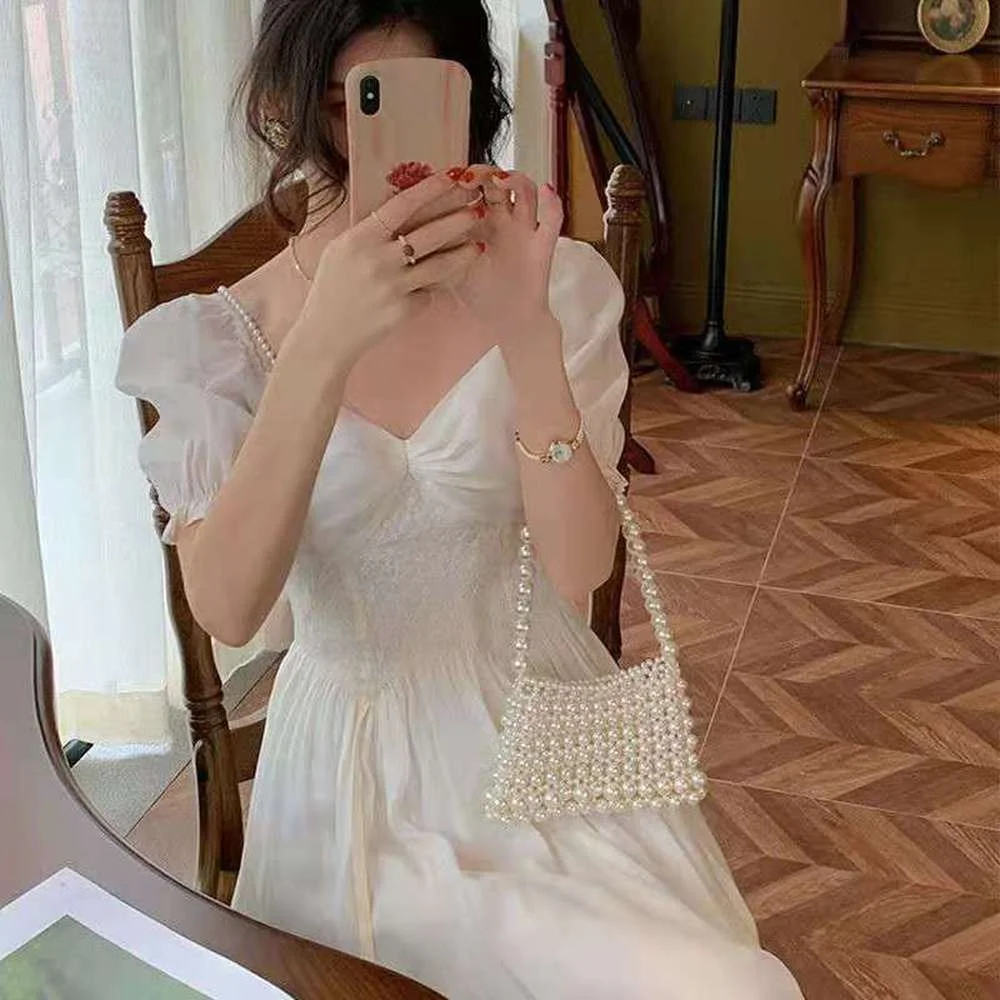 

Elegant Women Sweet Short Sleeve Chiffon Floral Off Shoulder Dress Party Beach Dress for Females Korean Style 2021 Summer Chic
