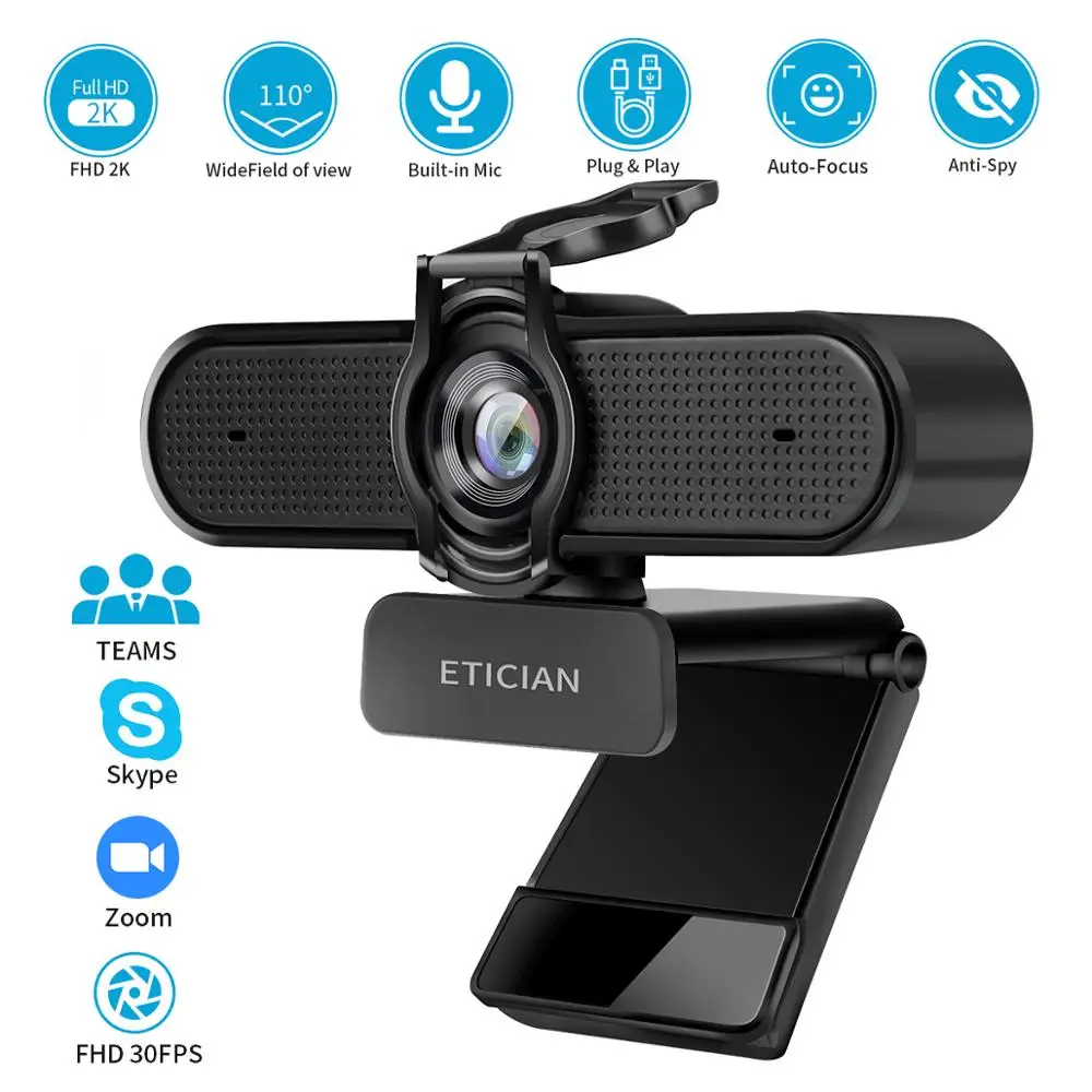 ETICIAN веб камера 2K с автофокусом USB Full HD микрофоном для Mac ноутбука компьютера видео