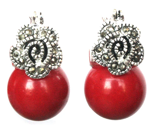 

Dame de 12mm Rouge Perle De Corail Fleur Marcassite et 925 Argent Boucles D'oreilles