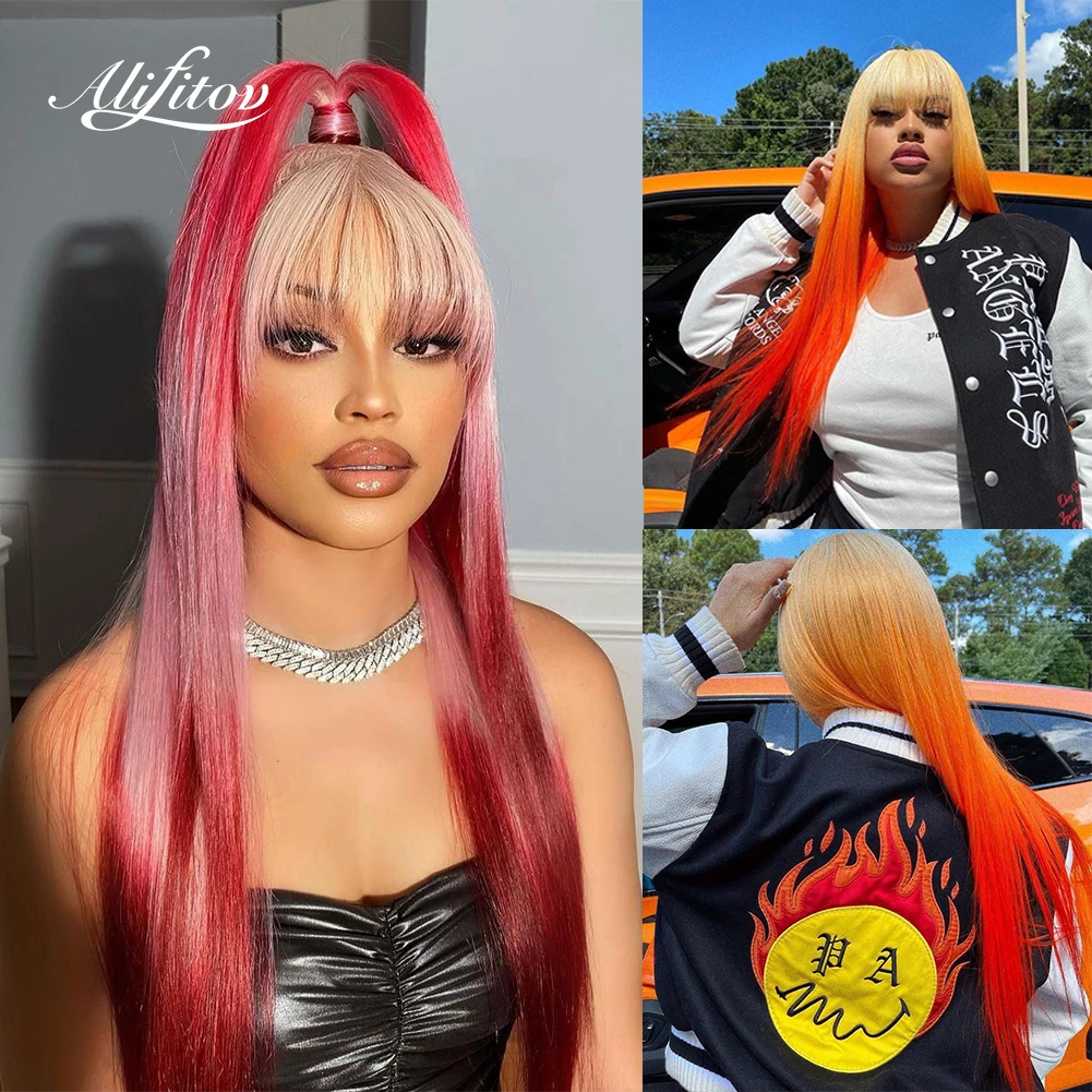 

Парик ALIFITOV из красных человеческих волос с эффектом омбре, челка, парик с предварительно выщипанными волосами 13x6, парики из человеческих во...