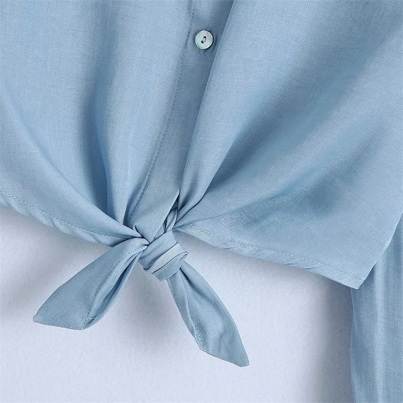 

MESTTRAF Women 2021 Fashion With Knot Cropped Blouses Vintage Long Sleeve Button-up Female Shirts Streetwear