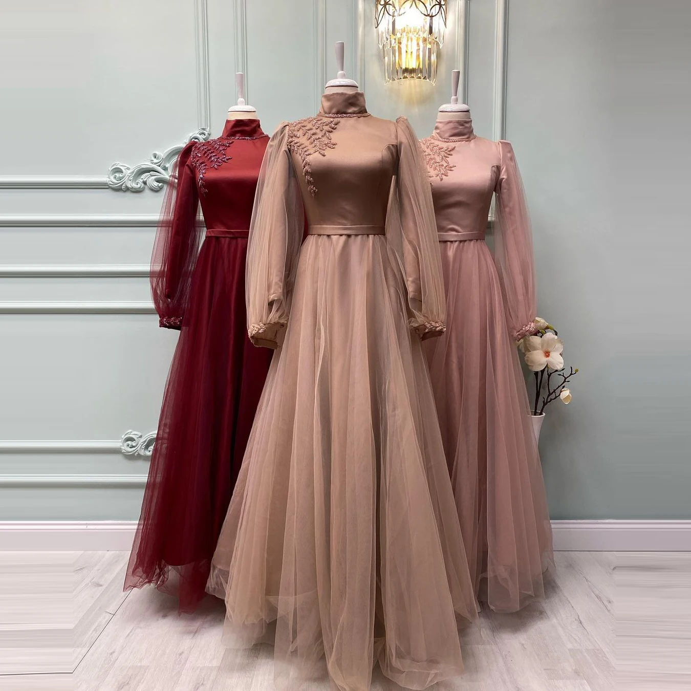 

Traditional Long Sleeve High Neck Beaded Formal Party Dresses A-Line Satin and Tulle Evening Gown Customized Muslim Dress 2022