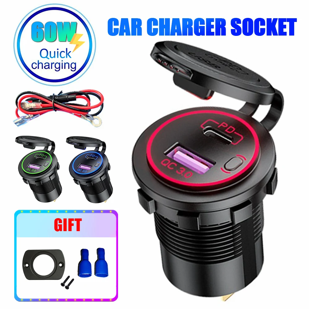 

60W PD Type C/QC 3.0 USB Charger with Switch Socket Power Outlet Adapter Waterproof For 12V 24V Car Truck Boat RV Motorcycle