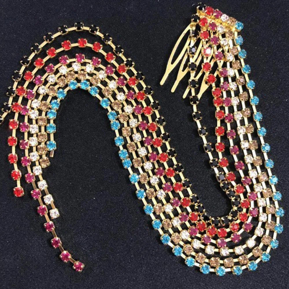 

Wedding Rhinestone Hair Comb Chain Bride Jewelry Tassel Hair Clip Rainbow Bobby Pins For Women Girls Hair Accessories