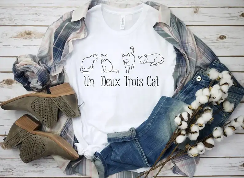 

Un Deux Trois Cat Unisex T-shirt, French Cat Shirt, I Love Cat Tee, Kitten Lover Tee, Gift for Women woman tshirts 100% cotton