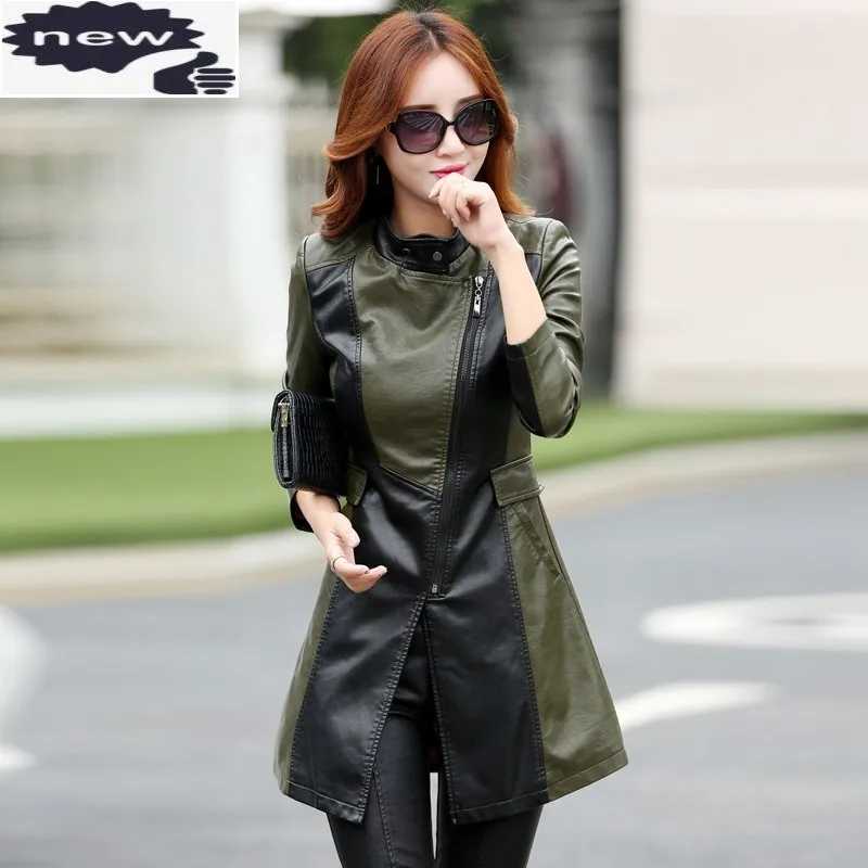 Spring Autumn Plus Size 5XL Green Trench Jackets Korean Slim Thick Warm Women Leather Long Coats Zipper Outerwear 2021