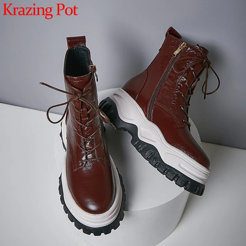 Krazing Pot/разноцветные ботильоны из натуральной кожи на толстой подошве, с круглым носком, на высоком каблуке, на платформе, для отдыха, Зимние Теплые ботильоны на шнуровке, L00