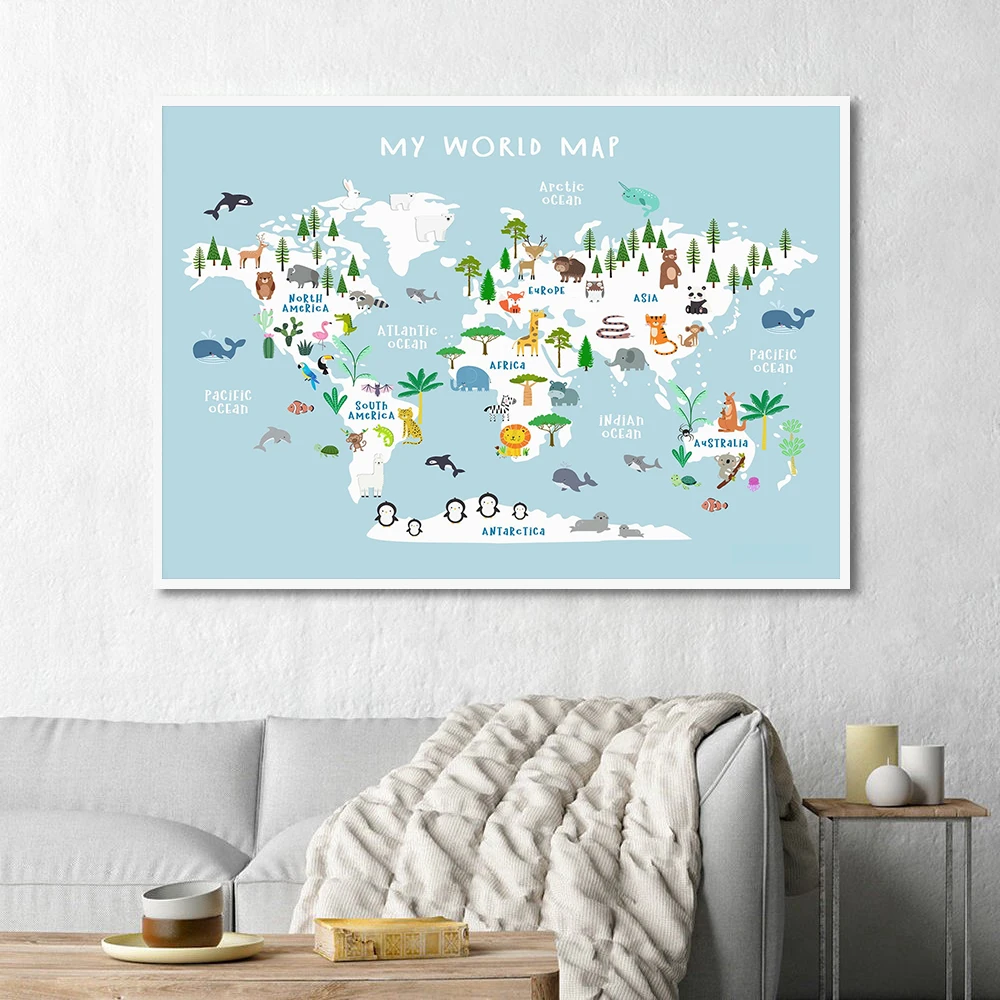 Образовательные животные Карта мира картина для детей искусство на холсте