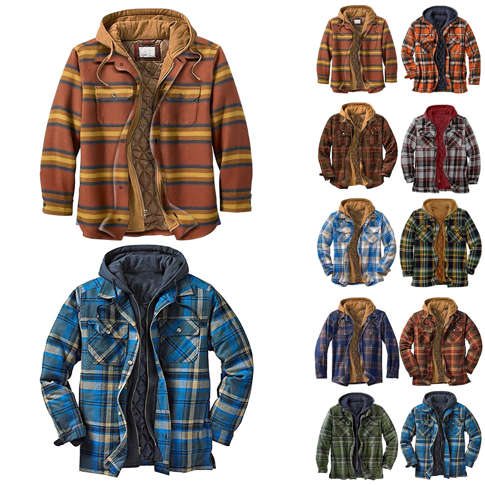 

Fashion Men's Long Sleeve Quilted Lined Button Plaid Shirt Jackets Velvet Winter Warm Zipper Jacket With Hooded Coat Outwear#g3