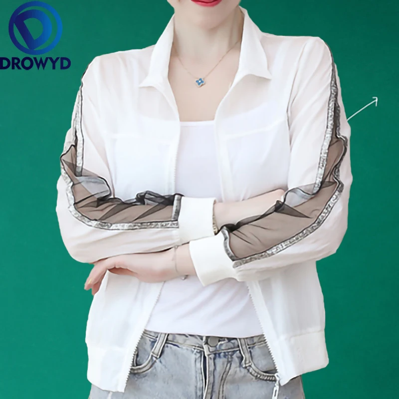 

Summer White Thin Baseball Jacket Women New Casual Pockets Transparent Bomber Tops Breathable Sunscreen Cardigan Loose Pink Coat