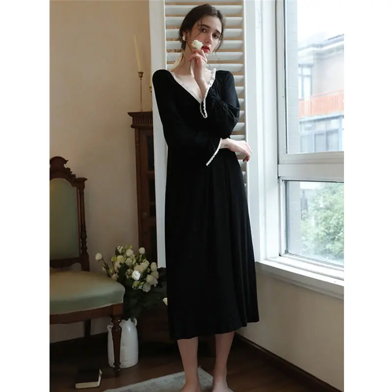 

QWEEK Spring Summer 2021 Nightgowns Women Modal Sleepwear French Elegant Dresses Long Sleeve Nightwear Lace Nighty for Ladies