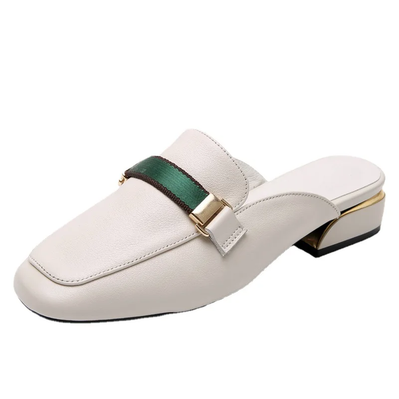 

Grain Leather Sandals Shoes Fashion Square Toe Women Slippers Size 35-43