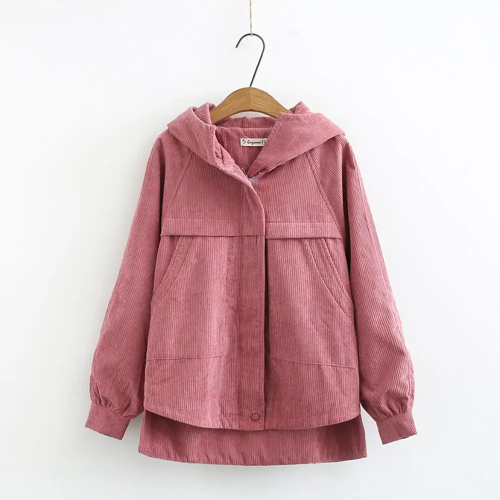 Женская Вельветовая куртка с капюшоном Весенняя повседневная розового черного