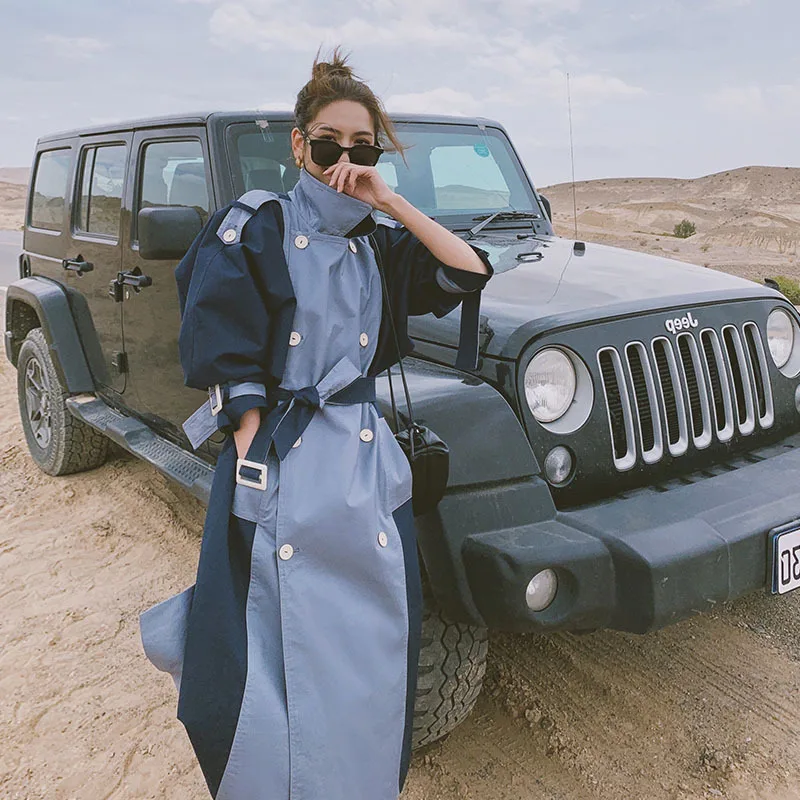 

Women's Autumn Long Double Breasted Stitching Contrast Windbreaker Temperament Elegant Lace Up slim Trench Coat femme veste