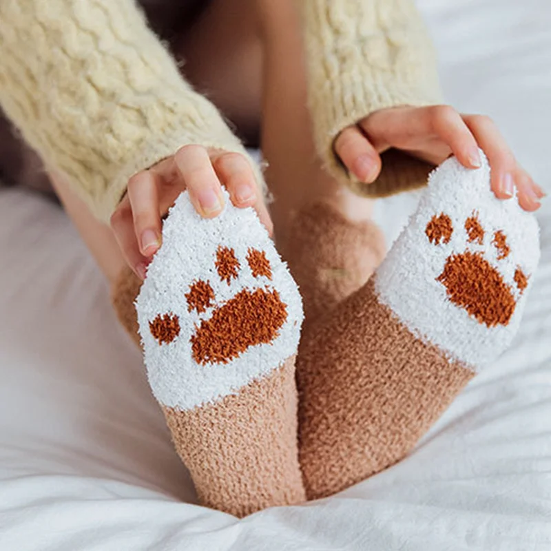 

Winter Cat Paw Cartoon Pattern Coral Fleece Ladies Socks Funny Cute Style for Christmas Gift Women Sleep Sock Floor Sox Kawaii