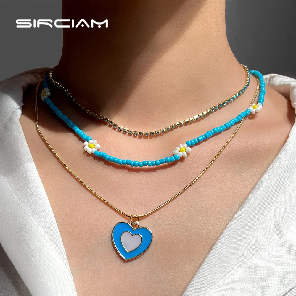 

Bohemia Blue Layered Heart Daisy Flower Beaded Necklace For Women Handmade Bead Choker Enamel Pendant Necklaces Summer Jewelry