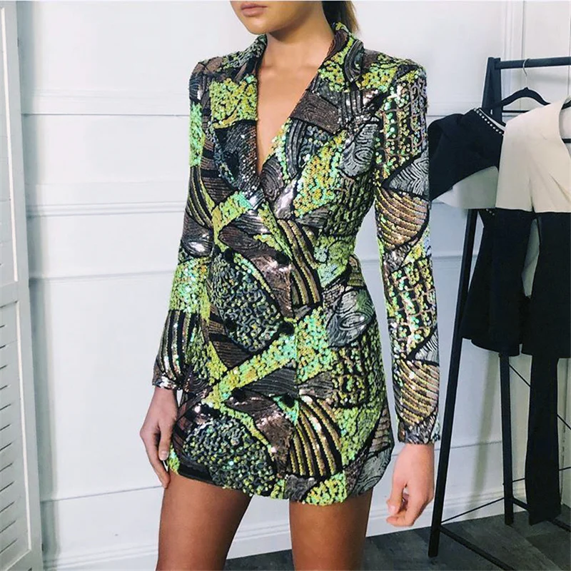 

2021 Autumn New Green Sexy Deep V Neck Full Sleeve Sequins Shinny Blazer Dress Celebrity Designer Fashion Party Dress