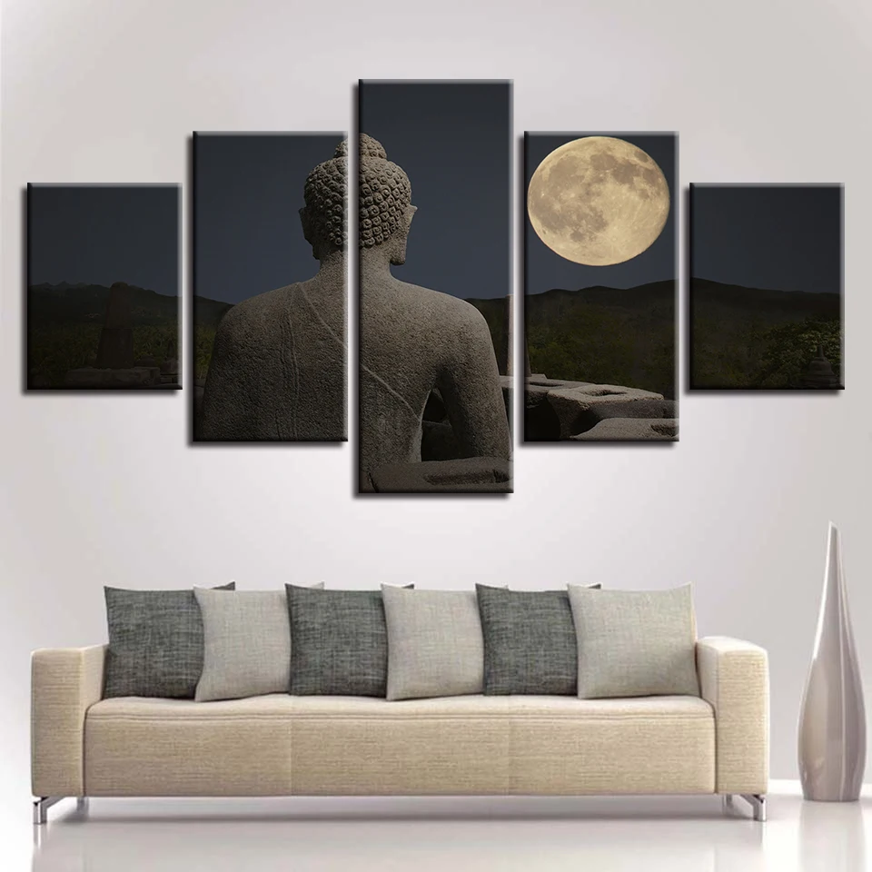 

High Quality 5 Pcs/Set Canvas Painting Decorate Living Room Buddha Moon Wall Pictures Home Decor Print Buddhism Room Posters