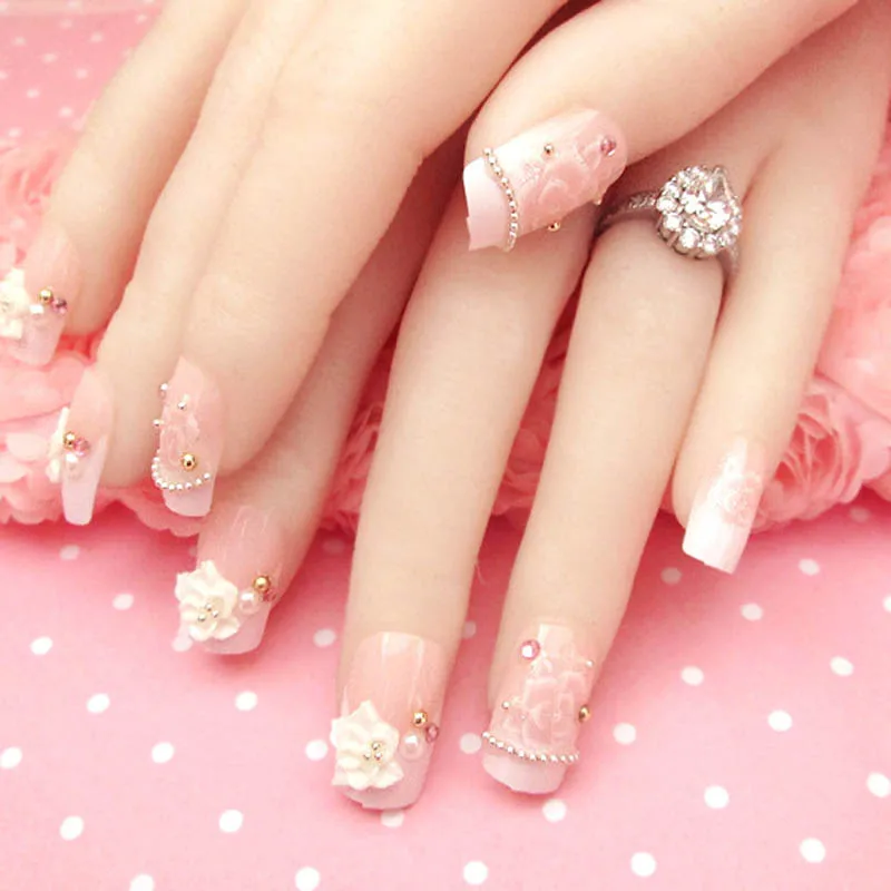 

Hot 24 Pcs/Set Full Nails Tips With Glue 3D Flowers Beads Wedding Bride Fake Fingernails Nail Art Decorate Tool EY669