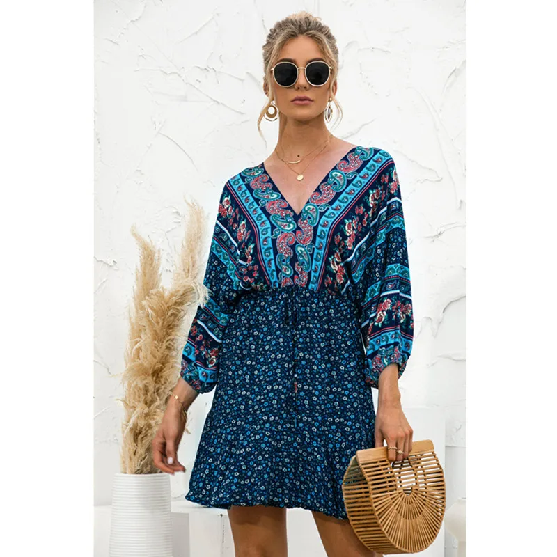 

2021 Summer New Woman Dress Fashion Floral Hot Style V-neck Lantern Sleeve V-Neck Slim Flower Dress for Women Beach Dress