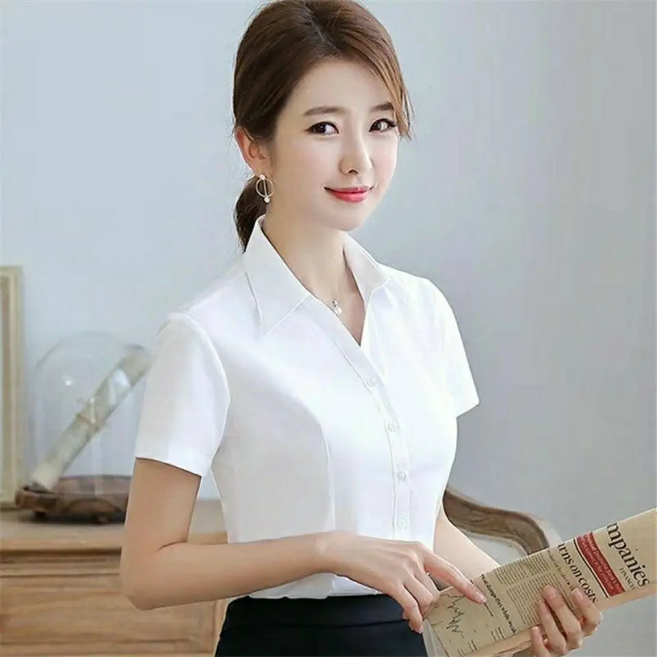 

White Blouse Women 2021 Summer Chiffon Office Shirts Slim Collar Blouse Tops Fashion Casual short sleeve Blouses Femme Blusa
