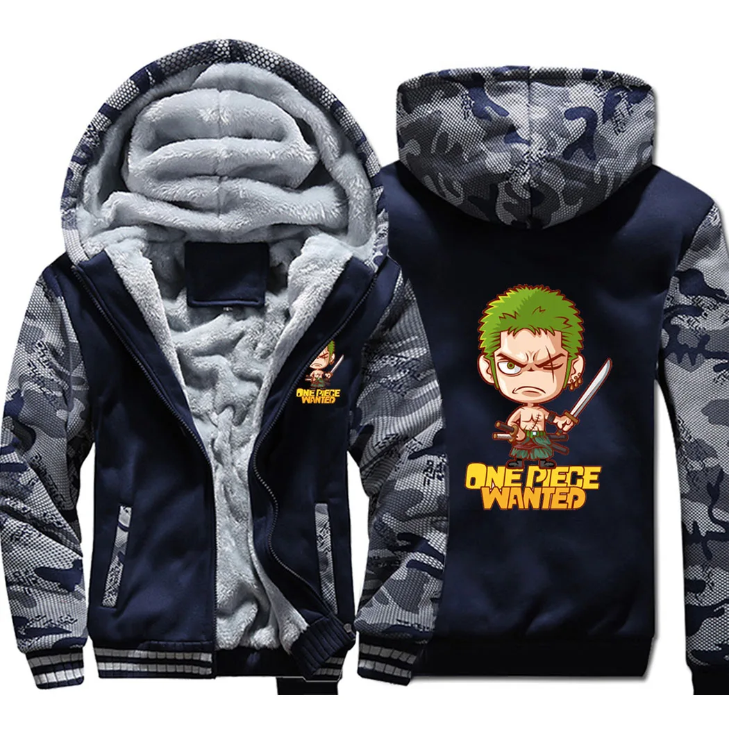 

One Piece Wanted Japanese Anime Roronoa Zoro Casual Raglan Thick Hoodies Winter Warm Printed Sweatshirts Coat Men Fitted Jackets