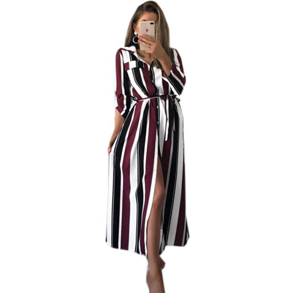 

Fashion Maxi Dress Striped Ankle-length Dresses A-line Split Long Sleeve Dress Lapel Collar Button Up Casual Dress 2021