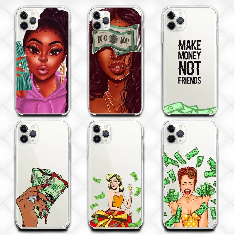 

MAKE MONEY Not Friends Kash Afro Black Girl Phone Case Transparent Case For Iphone6 6s 7 8 Plus XR X XS XSmax 11 12 Pro Mini Max