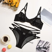 2021 new womens underwear set mesh thin section see through hollow stitching sling sexy erotic lingerie underwire bra panty set