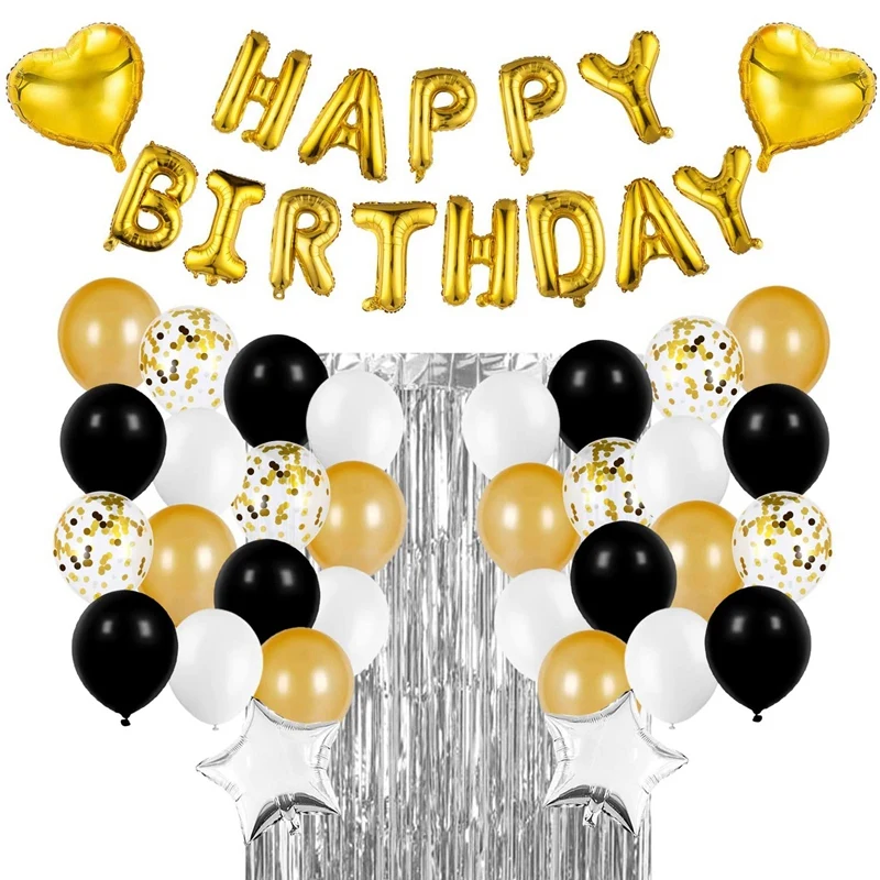 

Черный и золотой набор украшений для дня рождения с днем рождения воздушные шары баннер, конфетти воздушные шары