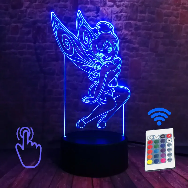Remoter and Touch 1 Крылья Динь-Динь, 3D иллюзия, светодиодная лампа, 7 цветов, меняющий Ночной светильник, Динь-Динь, феи, Детский Светильник, игрушки на день рождения - Цвет: Remoter and Touch 1