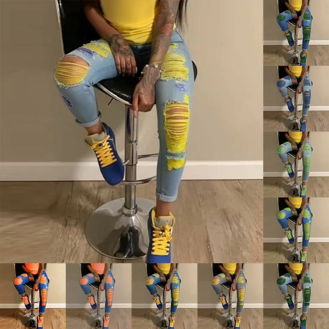 

2021 Ripped Jeans For Women Yellow Scratch Denim Trousers High Waisted Skinny Pencil Pants Hollow out Sexy Female Jean Mujer