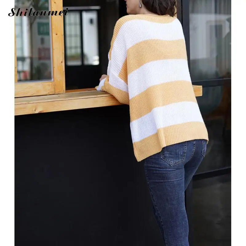 

White Striped Knitted Pullover Women Long Sleeve Patchwork Sweater Pull Fashion Oversized Knitwear Casual Loose Pullovers Femme